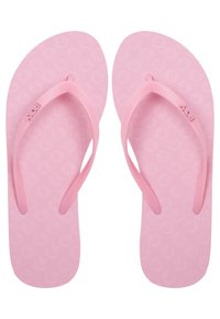 Lyserøde flip-flops lavet af tekstureret gummi med et enkelt design og Y-formede stropper. Logo prægede på siden.