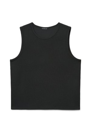 Schwarzes ärmelloses, geripptes Tanktop mit rundem Ausschnitt und tailliertem Schnitt, flach auf einem weißen Hintergrund liegend.