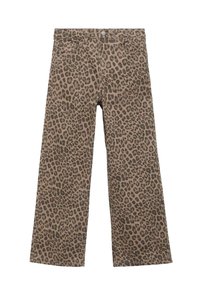 Hlače širokog nogavice s uzorkom leopard, u bež i smeškastim nijansama, s kopčanjem na dugme i prednjim džepovima. Napravljene od izdržljivog materijala.