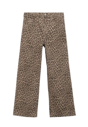Leopardenmuster-weite Hosen in Beige- und Brauntönen, mit Knopfverschluss und Fronttaschen. Hergestellt aus strapazierfähigem Material.