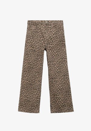 Leopardenprint wijde broek in beige en bruine tinten, met een knoopsluiting en voorzakken. Gemaakt van duurzame stof.