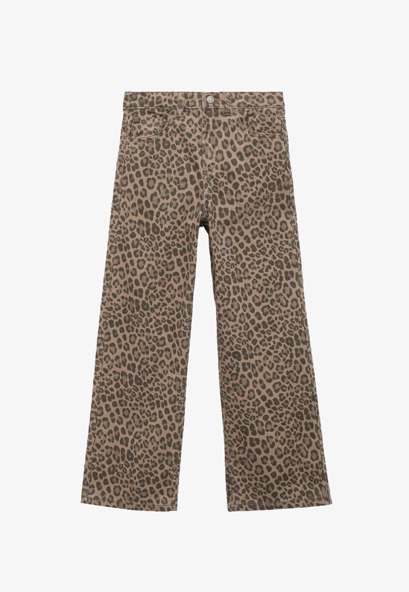 Hlače širokih nogavic z leopardjim vzorcem v bež in rjavih odtenkih, z gumbom za zapiranje in sprednjimi žepi. Narejene iz trpežne tkanine.