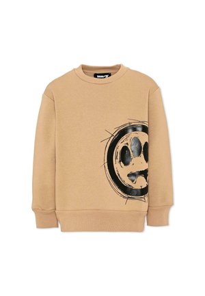 Sudadera beige de cuello redondo y manga larga, con una gran cara sonriente negra de estilo dibujado a mano en la parte delantera inferior derecha.