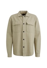 Bež košulja-jakna s tartan uzorkom, s dva džepa na prsima, prednjim dugmadi i strukturiranim kragnom. Napravljena od teksturirane tkanine, s crnim dugmadi.