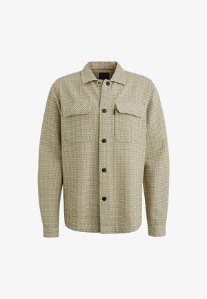 Beige geruite overhemdjack met twee borstzakken, knoopsluiting en een gestructureerde kraag. Gemaakt van textuurstof, met zwarte knopen.