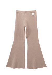 Lichtbeige flared pants van zachte stof. Heeft een naadloze tailleband en een klein stoffen label aan de achterkant.