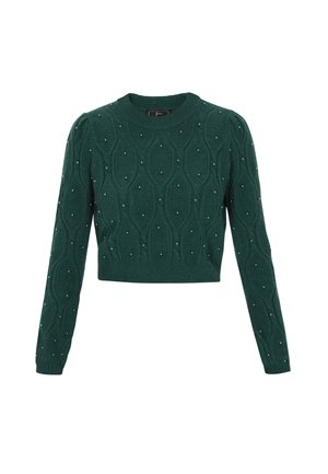 Grøn kabelstrikket cropped sweater med lange ærmer, der har perle detaljer overalt og en rund halsudskæring. Blød tekstur.