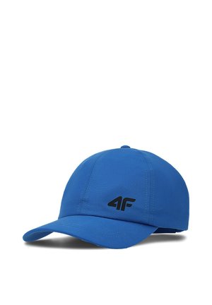 Niebieska czapka baseballowa z zakrzywionym daszkiem i czarnym logo "4F" z przodu, pokazana na białym tle.