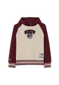 Felpa con cappuccio di colore beige sul davanti e maniche color bordeaux, polsini e orlo a righe, con toppe "UNIV LSA" e "Los Angeles California".