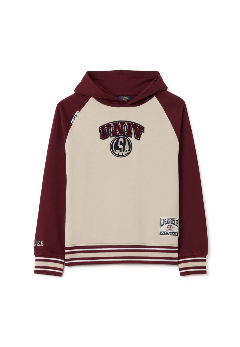 Felpa con cappuccio di colore beige sul davanti e maniche color bordeaux, polsini e orlo a righe, con toppe "UNIV LSA" e "Los Angeles California".