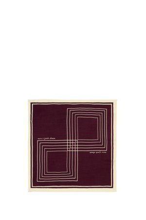 Foulard carré violet foncé avec bordure crème, présentant deux ensembles croisés de carrés concentriques et le texte "marc o'polo denim" sur deux côtés.