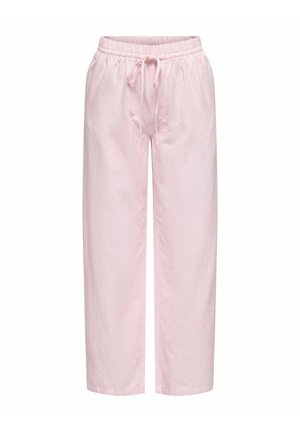 Světle růžové kalhoty s vysokým pasem, volného střihu, s elastickým pasem a stahovacím šňůrkou. Mají jemné vertikální pruhy pro texturu.