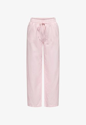 Světle růžové kalhoty s vysokým pasem, volného střihu, s elastickým pasem a stahovacím šňůrkou. Mají jemné vertikální pruhy pro texturu.