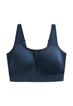 Tamsiai mėlynas sportinis liemenėlė iš tekstūruotos medžiagos, su plačiomis petnešėlėmis ir apatinėje dalyje esančia prekės ženklo elastine juosta. Struktūruoti kaušeliai suteikia palaikymą.