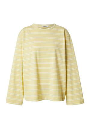 Yellow long-sleeve shirt with white horizontal stripes, crew neckline, and relaxed fit, displayed on a plain white background.