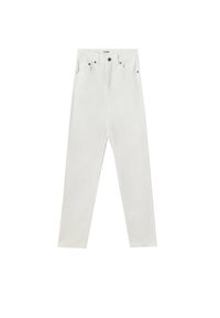 Jean blanc taille haute à jambes droites avec bouton frontal, fermeture éclair et cinq poches, posé à plat sur un fond blanc.