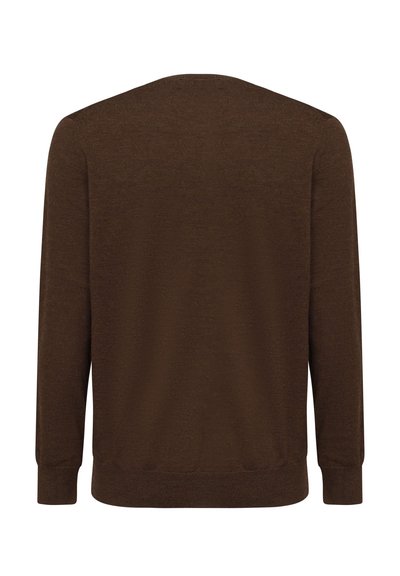 Bruine wol trui met lange mouwen, ronde hals en geribde manchetten en zoom. Gladde textuur met een effen kleur en zonder patronen.