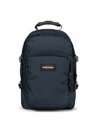 Zaino blu scuro realizzato in tessuto testurizzato, dotato di spallacci regolabili, manico superiore e una grande patch con logo sul davanti. Contiene tasche laterali.
