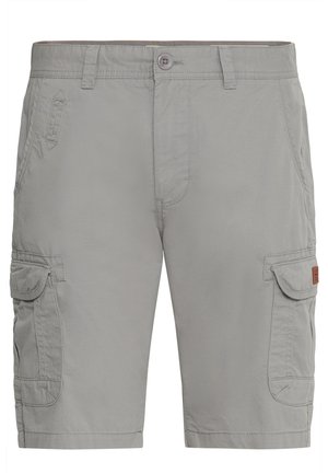 Shorts cargo gris en tissu léger. Comprend plusieurs poches, une fermeture à bouton et des détails de couture.