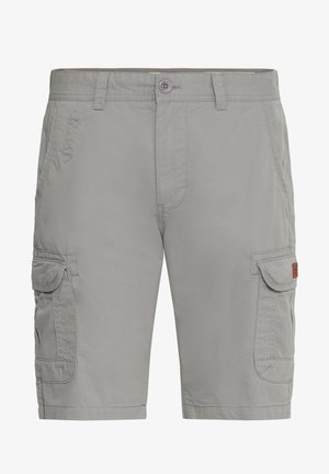 Shorts cargo gris en tissu léger. Comprend plusieurs poches, une fermeture à bouton et des détails de couture.