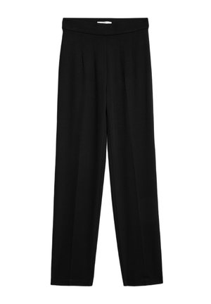 Czarne spodnie o szerokich nogawkach z wysokim stanem, plisowanym przodem i gładką fakturą materiału. Brak widocznych kieszeni oraz detali metalowych.