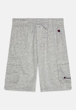 Pantalones cortos de algodón grises con cintura elástica, cordón ajustable, bolsillos laterales y logo de la marca en el lado izquierdo.