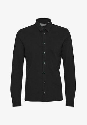 Juodas ilgomis rankovėmis medvilnės marškinys su mygtukų apykakle, turintis priekinėmis mygtukais tamsioje spalvoje ir rankogaliais.