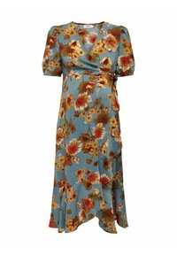 Robe portefeuille bleue avec imprimé floral orange, jaune et marron, manches courtes bouffantes et ourlet asymétrique.