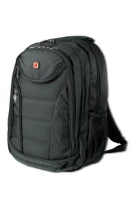 Sac à dos en tissu noir avec plusieurs compartiments zippés, panneau arrière rembourré, bretelles ajustables et poches latérales en mesh pour bouteilles d'eau.