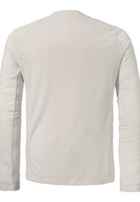 Helles graues Langarm-T-Shirt aus strukturiertem, geripptem Stoff. Besitzt einen runden Ausschnitt und Seitennähte für eine taillierte Form.