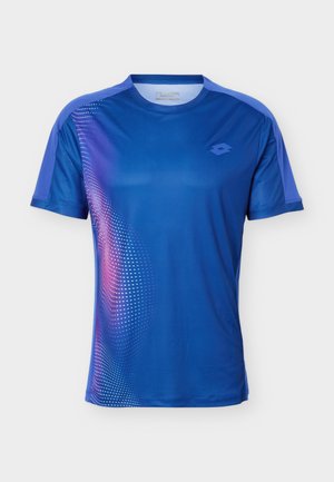 Blue athletic short-sleeve shirt with crew neck, purple accents on shoulders, and white-pink dotted design on left side.