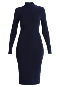 Navyblå långärmad klänning med hög hals och figursydd silhuett. Tillverkad av stretchigt material med en slät textur.