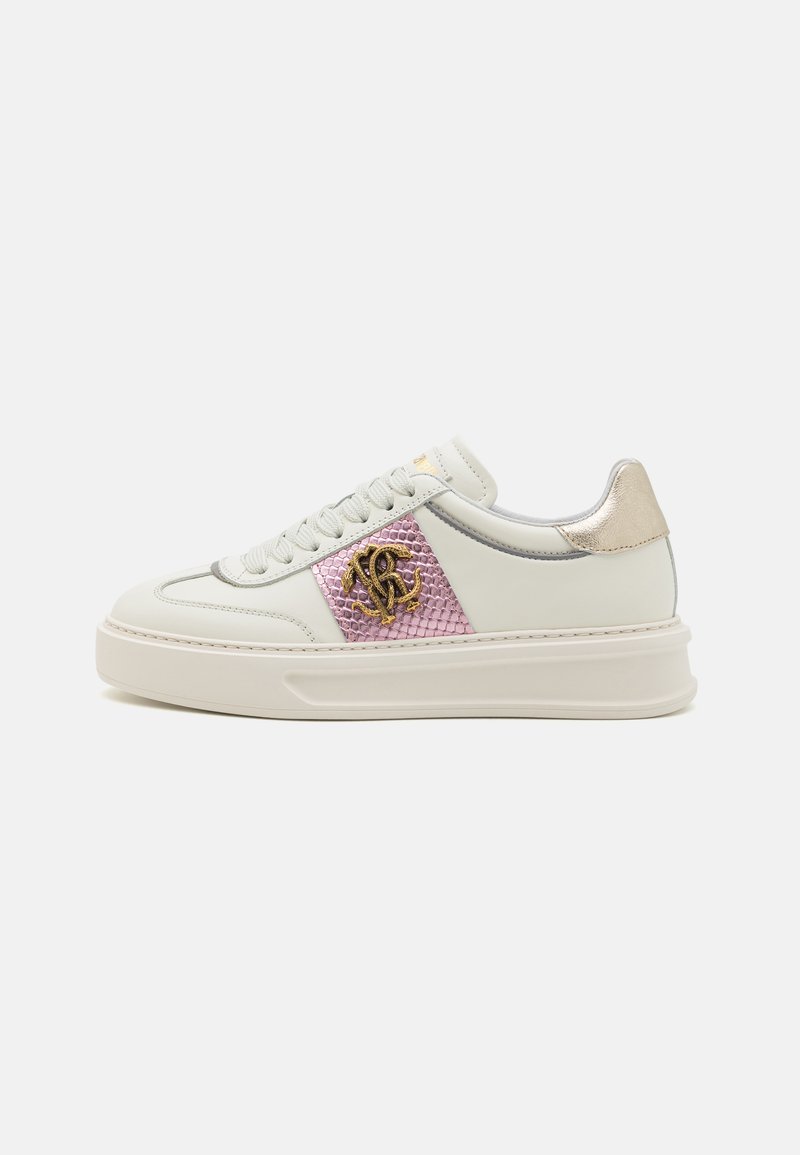 White leather sneakers with a pink textured panel, gold logo, silver accents on the heel, and a thick white sole.