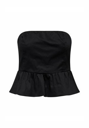 Top noir sans bretelles avec un buste ajusté et un volant peplum à l'ourlet, fabriqué à partir d'un tissu lisse. Design simple et élégant.