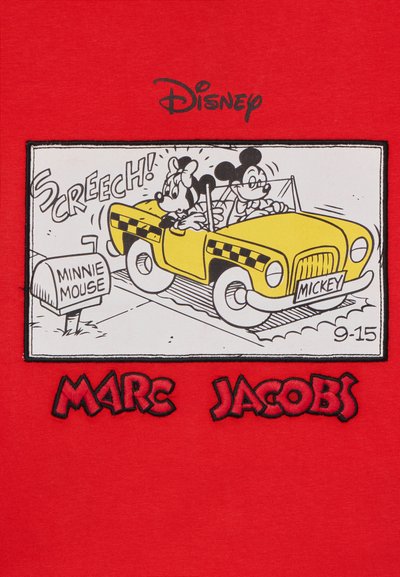 Red cotton t-shirt featuring a graphic of Mickey and Minnie Mouse in a yellow taxi with black accents, accompanied by text labels.
