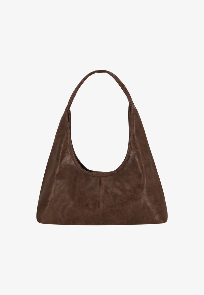 Bolso bandolera de cuero marrón con una textura lisa y semi mate, abertura ovalada grande y una única correa redondeada. Diseño minimalista.