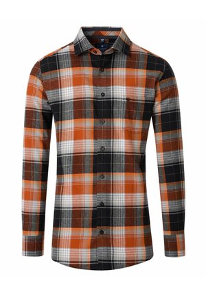 Hemd mit Knopfleiste und Karo-Muster in Orange, Schwarz, Grau und Weiß, mit spitzem Kragen, langen Ärmeln und einer Brusttasche.