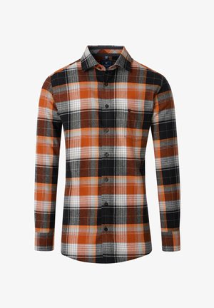 Overhemd met knoopsluiting in een geruite patroon in oranje, zwart, grijs en wit, met een puntige kraag, lange mouwen en een borstzak.