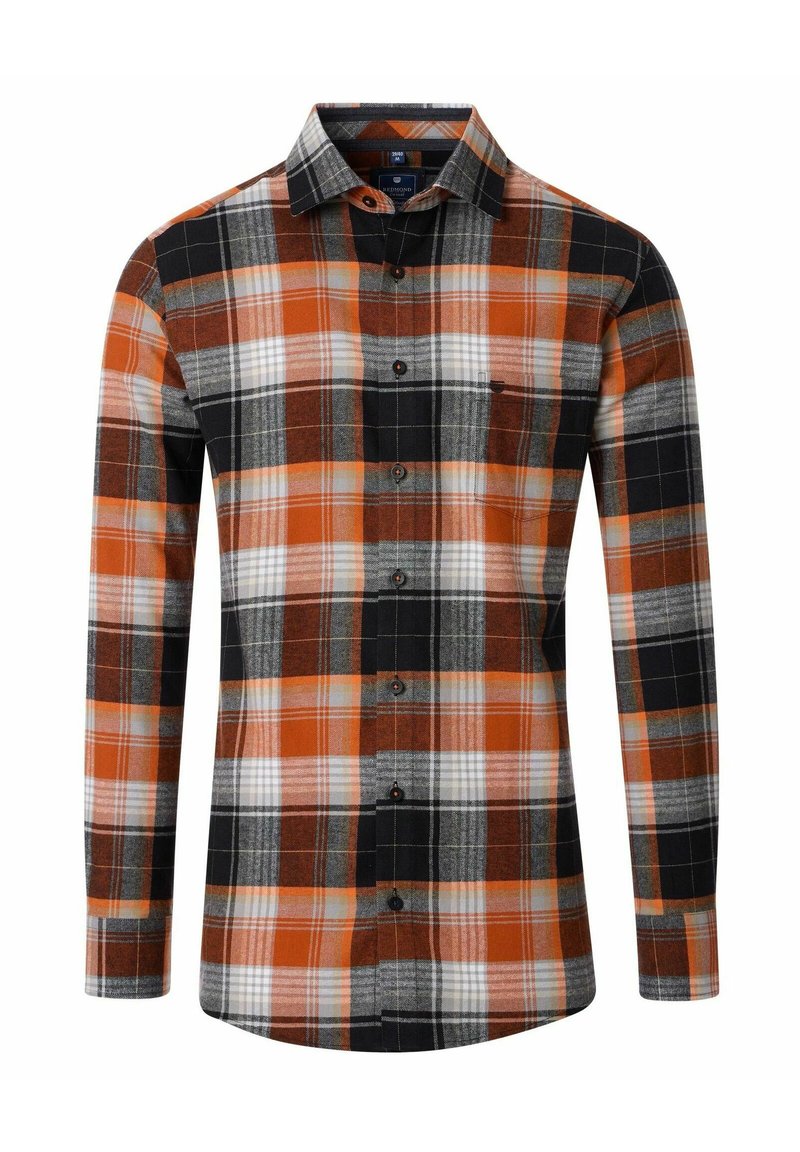 Hemd mit Knopfleiste und Karo-Muster in Orange, Schwarz, Grau und Weiß, mit spitzem Kragen, langen Ärmeln und einer Brusttasche.