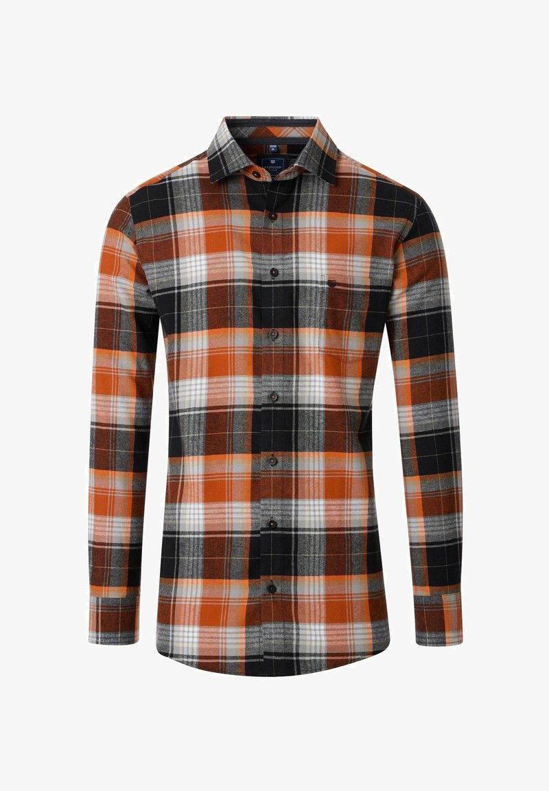 Overhemd met knoopsluiting in een geruite patroon in oranje, zwart, grijs en wit, met een puntige kraag, lange mouwen en een borstzak.
