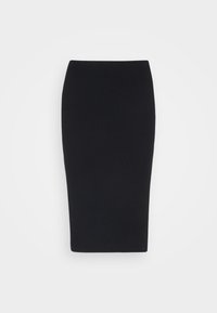 Gonna a matita nera al ginocchio realizzata in tessuto elasticizzato, caratterizzata da una consistenza liscia e un design aderente con vita alta.