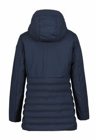 Veste d’hiver matelassée bleu foncé avec capuche, manches longues et matelassage horizontal dans le bas du dos.