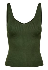 Grøn, ribbet tanktop med dyb V-hals, brede stropper og tætsiddende silhuet. Fremstillet af et blødt tekstil med en glat og strækbar tekstur.