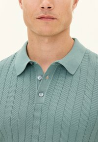 Gebreide polo in gedempt groen, met een gestructureerd patroon, een klassieke kraag en twee knopen met contrasterende draden voor detail.