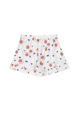 Pantaloncini bianchi con vita elasticizzata, stampa con rosa rossa e petali blu e orlo arricciato.