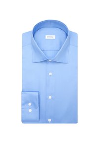 Lichtblauw lange mouwen overhemd van gladde stof, met een klassieke kraag, knopen aan de voorkant en Franse manchetten met witte knopen.