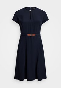 Navy blue dress with short sleeves, round neckline, and a front keyhole. Features a brown belt with a metal buckle and side pockets.