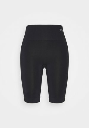 Schwarze, figurbetonte Radsportshorts aus glattem Material, mit hohem Bund und knielangem Schnitt, ohne sichtbare Verschlüsse oder Muster.