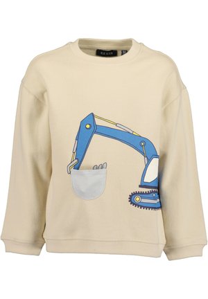 Beige børne-sweatshirt med blå gravemaskine grafik og lille frontlomme som gravemaskine-skovl.