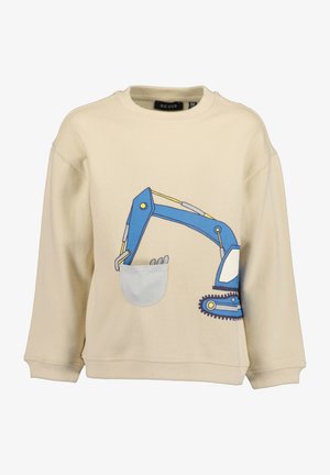 Sweat-shirt beige pour enfants avec un motif d'excavatrice bleue et une petite poche avant en forme de godet d'excavatrice.